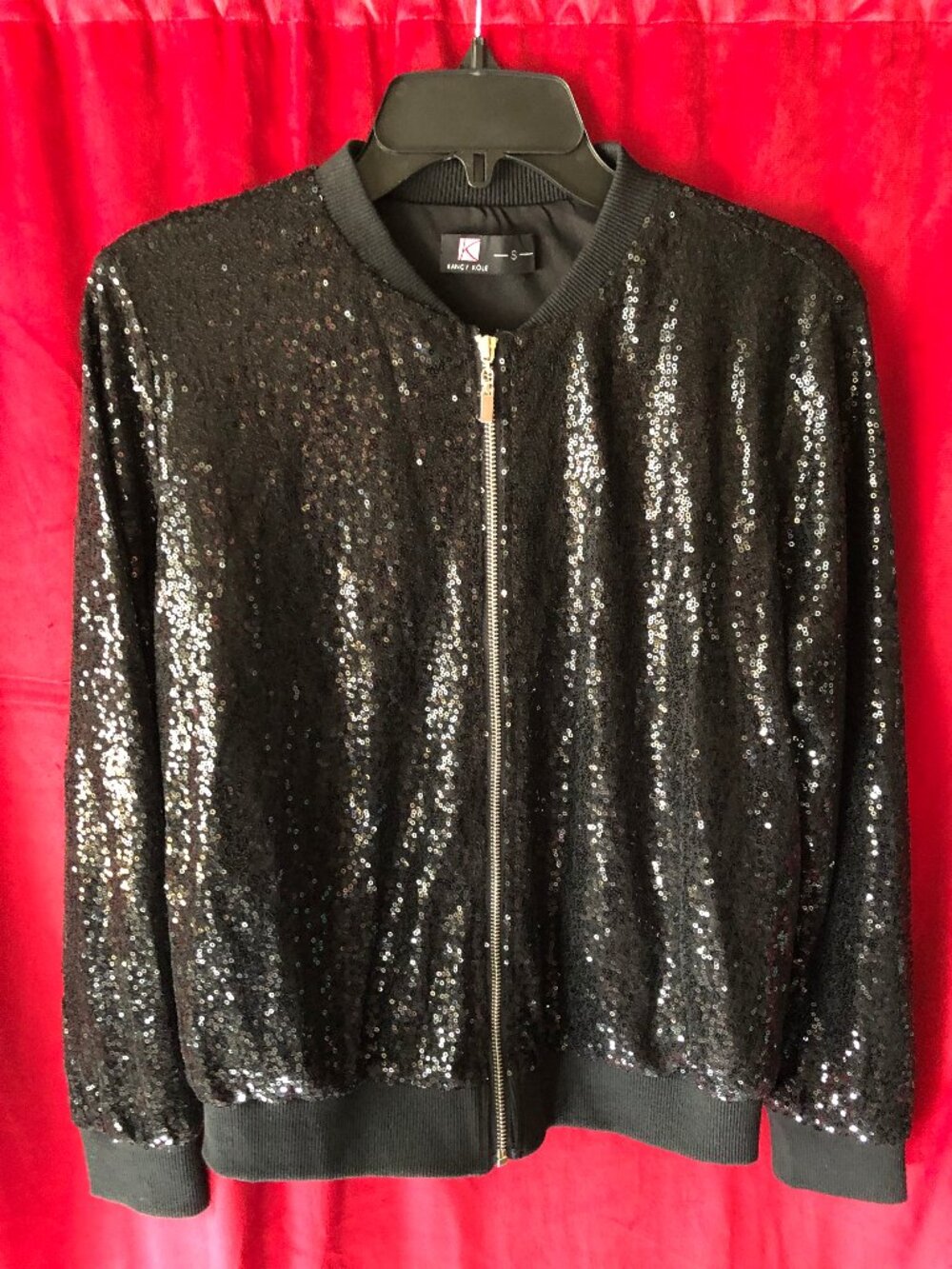 Kancy Kole Black Sequin Bomber Jacket | Size Small  | Zip Front
